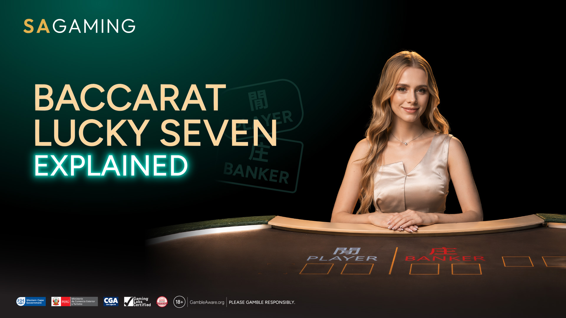 SA Gaming Baccarat Lucky Seven blog banner: Elegant female Baccarat dealer and "Baccarat Lucky Seven Explained" text